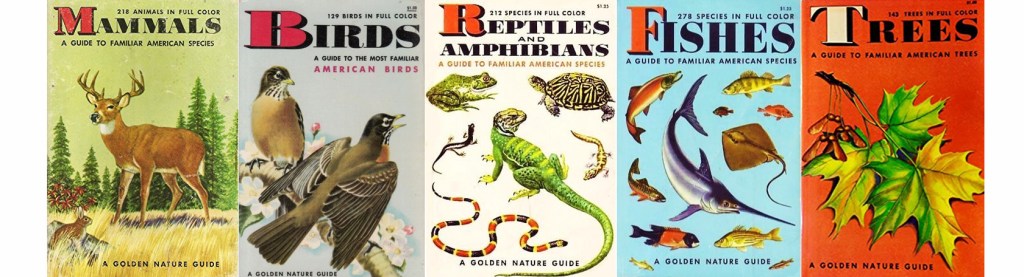 Five vintage nature guide covers featuring 'Mammals', 'Birds', 'Reptiles and Amphibians', 'Fishes', and 'Trees', each with illustrations of typical species.