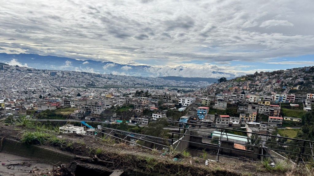 Panoramic view of a cityscape with dense buildings and hills in the background under a cloudy sky.