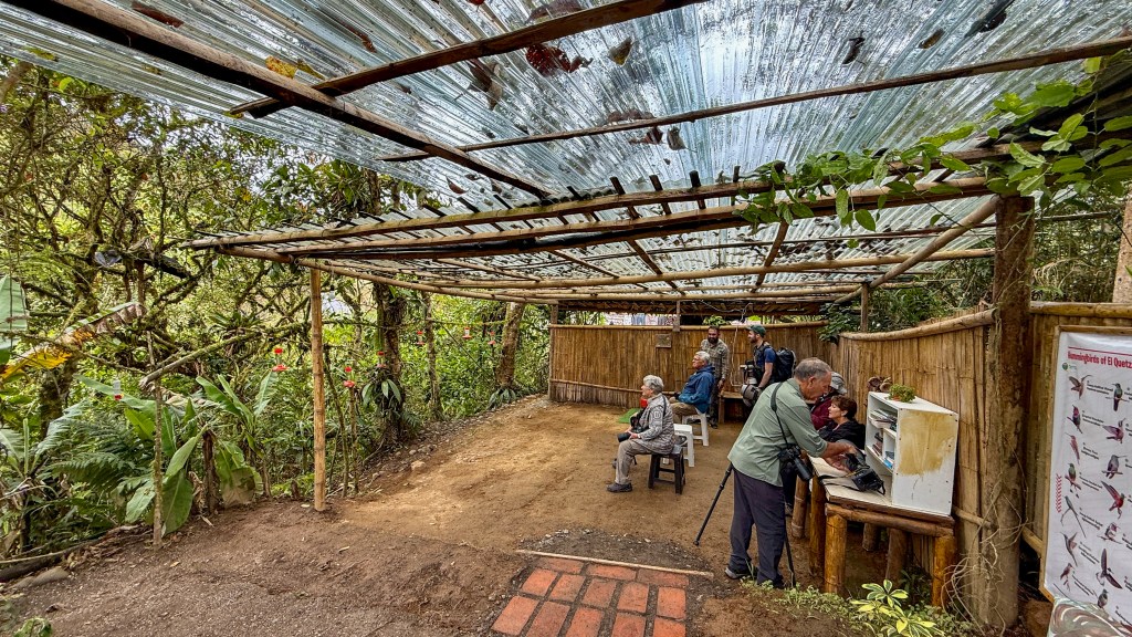 A sheltered outdoor area with a corrugated roof made of metal sheets, featuring several people engaged in activities. There are wooden benches and tables, surrounded by lush greenery and flowering plants.
