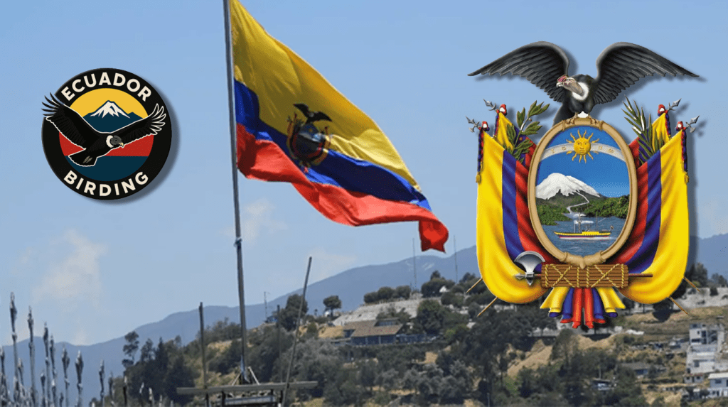 Ecuadorian flag fluttering with the national coat of arms and a logo for Ecuador Birding in the corner, set against a mountainous backdrop.