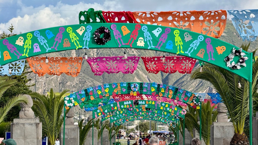 Colorful papel picado decorations featuring skeletons and ghosts hang over a festive pathway with palm trees on either side, surrounded by mountains in the background.